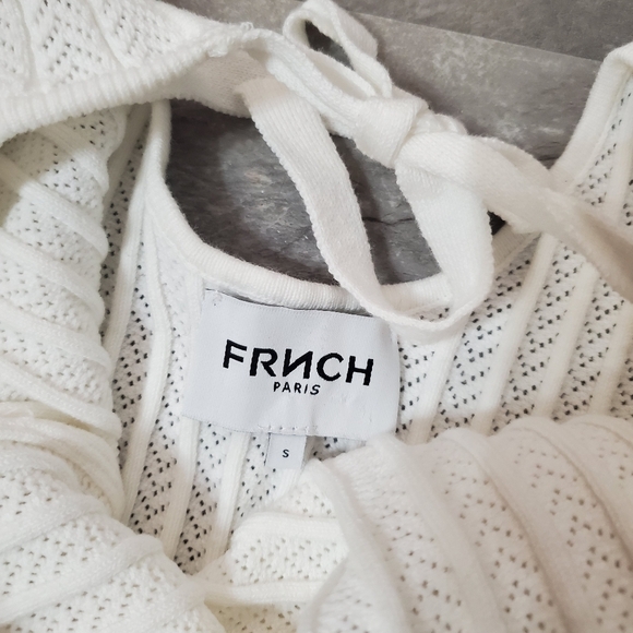 FRNCH Paris Elegant White Knit Short Sleeves Top. Partial Open Back. Bow. S. - Picture 8 of 11
